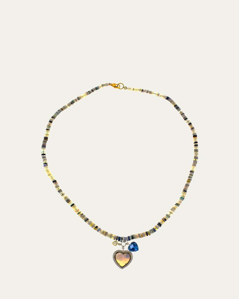 Beaded Opal Necklace with Diamond, Topaz, and Opal Heart-Shaped Charms